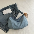 Light blue nylon crescent crossbody bag with adjustable strap and cute plush charm - Without Pendant / Blue