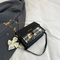 Black tweed shoulder bag with golden chain strap and a large cream satin bow charm - Single Strap with Silk Scarf / Black