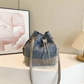 Blue denim and grey faux leather bucket bag with braided drawstring and chain strap - Blue and Khaki