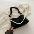 Elegant black pleated cloud bag with luxury white pearl strap and satin finish - Black