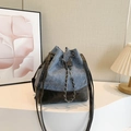 Retro denim and leather bucket bag with chain drawstring and stylish blue gray patchwork - Blue and Black