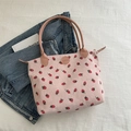 Borsa tote in velluto a coste rosa con stampa a fragola e manici in ecopelle - Rosa