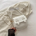 Minimalist white saddle crossbody bag with double gold buckles on linen fabric - White
