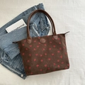 Borsa tote in velluto a coste marrone con stampa fragole e manici in pelle - Marrone
