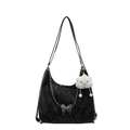 Black large capacity hobo bag with silver butterfly chain and plush cloud charm - Without Pendant / Black