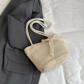 Bolso tote de paja beige con lazo de encaje para vacaciones de verano y uso diario - Blanco