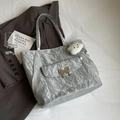 Silver grey crinkled tote bag with golden butterfly clasp and plush cloud pendant - With Charm / Silver