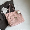 Pink textured tote bag featuring butterfly buckle, side zippers and cloud charm - With Charm / Pink
