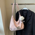 Pink pleated crescent shoulder bag with silver chain and cute plush butterfly pendant - Pink With Pendant
