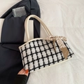 Elegant black and white tweed tote bag with leather handles and a leopard print silk scarf - White