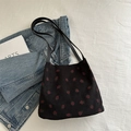 Black corduroy shoulder bag with red strawberry pattern and slender straps - Black