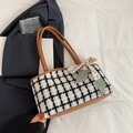 Chic black and white checkered tote bag with brown leather trim and scarf handle - Brown