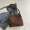 Brown corduroy tote bag with strawberry embroidery and leather shoulder straps - Brown