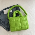Quilted bright green puffer tote bag in lightweight nylon with wide shoulder strap - Green