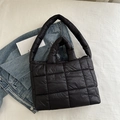 Black quilted puffer tote bag in lightweight nylon with large capacity for women - Black