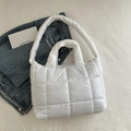 Minimalist white quilted puffer tote bag with puffy square texture and wide handle - White