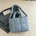 Light blue quilted down tote bag with padded handles and long strap for women - Blue
