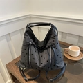 Sac fourre-tout chic en toile grise à pois avec nœuds noirs et pampilles à franges - Pois Noirs