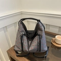 Sac fourre-tout en toile grise à pois avec anses en cuir noir et bandoulière réglable - Pois Rouges