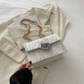 Piccola borsa beige con ricami colorati e tracolla a catena dorata su un blazer - Bianco