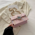 Borsa a tracolla rosa con catena, ricami colorati e fibbia quadrata dorata - Rosa
