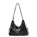 Fashionable black faux leather hobo shoulder bag with silver chains and white pearls - Black