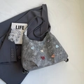 Gray washed denim tote bag with colorful heart patches and adjustable shoulder strap - Dark Tea Brown (No Charm)