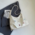 White faux leather tote bag with colorful heart patches and adjustable shoulder strap - Rice White (No Pendant)