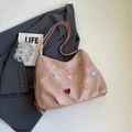 Dusty pink hobo shoulder bag with colorful leather heart patches for women fashion - Pink Without Pendant