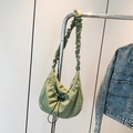 Sage green ruched nylon tote bag with drawstring detail and scrunchie shoulder strap - Green