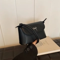 Minimalist black faux leather small square bag with silver bow buckle and knotted strap - Black