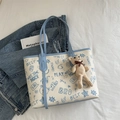 Borsa tote beige minimalista con stampa graffiti blu e ciondolo a forma di orso - Con Ornamento / Blu