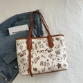 Minimalist beige tote bag with brown handles and stylish graffiti street art print - No Pendant / Brown