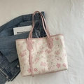Chic off-white tote bag with pink handles and cartoon graffiti prints for daily commute - No Pendant / Pink