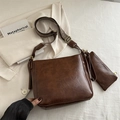 Retro dark brown large capacity bucket bag with wide strap and matching pouch - Dark Brown