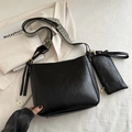 Large black leather bucket bag set with geometric wide strap and small pouch - Black