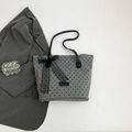Grey tote bag with black heart polka dots and a lace bow detail on a white background - Dark Gray (Heart Pattern - Type 1)