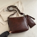 Dark brown retro oil-wax leather bucket bag with jacquard woven wide strap and pouch - Brown