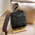 Borsa tote grigia a pois con fiocco in argento e tracolle in pelle nera - Pois Senza Pendente