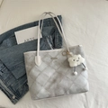 Quilted light gray tote bag with a white cloud charm and slim leather handles - Grey With Pendant