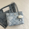 Blue denim texture tote bag with a cute white cloud plush pendant and silver nameplate - Blue with Pendant