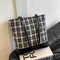Classic black and white checkered tote bag with silver bow buckle and faux leather trim - Grid Without Charm