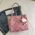 Pink checkered canvas tote bag with a cute cloud charm and vintage washed texture - Pink With Pendant