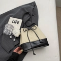 Chic tweed drawstring bucket bag in beige and black with cute plush pendant - Cream White with Pendant