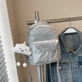 Silver crinkled texture backpack with a cute white cloud plush pendant accessory - With Pendant / Silver