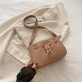 Minimalist light brown faux leather underarm bag with drawstring and metal ring buckle - Khaki