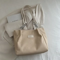 Minimalist beige canvas tote bag with metal chain strap and large capacity design - Khaki