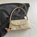 Minimalistische gewebte Tasche in Beige mit Blumenstickerei und elegantem Metallverschluss - Khaki