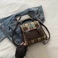 Sac à dos rétro en cuir écossais marron foncé avec broderie teckel et boucles - Bleu