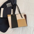 Contrast color tote bag in black, beige, and brown faux leather with gold buckles - Khaki